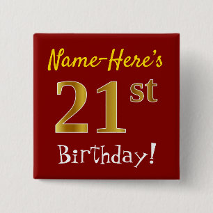 Red, Faux Gold 21st Birthday, With Custom Name 15 Cm Square Badge