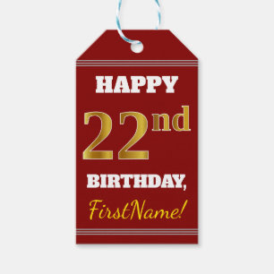 Red, Faux Gold 22nd Birthday + Custom Name Gift Tags