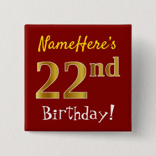 Red, Faux Gold 22nd Birthday, With Custom Name 15 Cm Square Badge