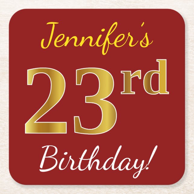 Red, Faux Gold 23rd Birthday + Custom Name Square Paper Coaster (Front)