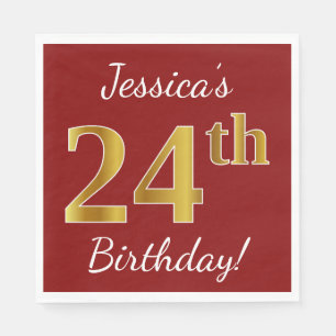 Red, Faux Gold 24th Birthday + Custom Name Napkin