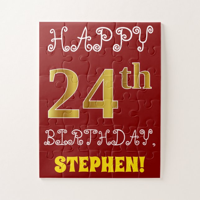 Red, Faux Gold 24th Birthday + Custom Name Puzzle (Vertical)