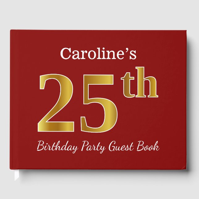 Red, Faux Gold 25th Birthday Party + Custom Name Guest Book (Front)
