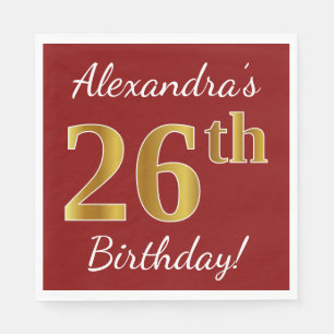 Red, Faux Gold 26th Birthday + Custom Name Napkin