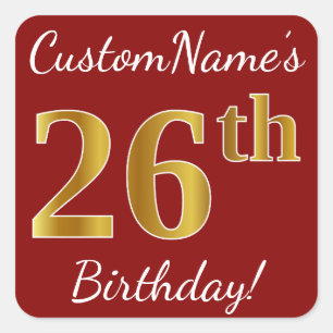 Red, Faux Gold 26th Birthday + Custom Name Sticker