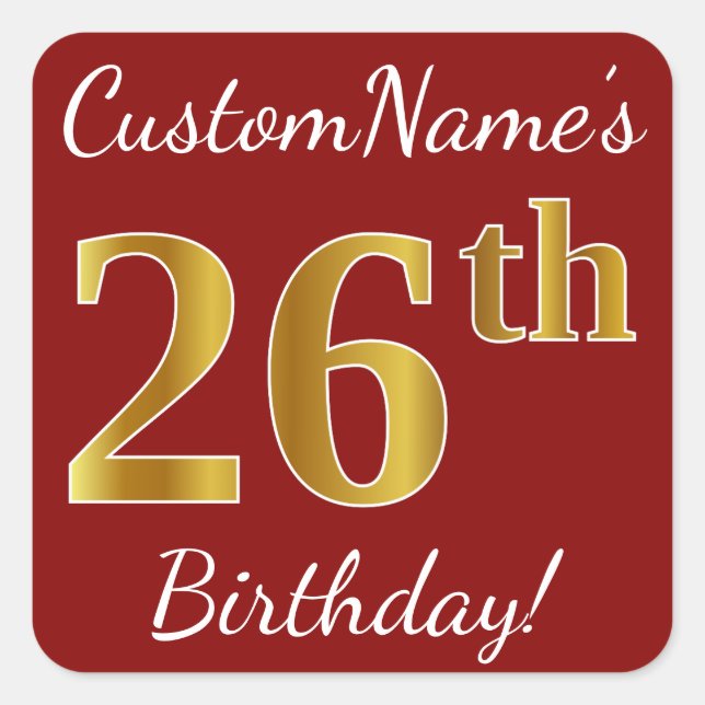 Red, Faux Gold 26th Birthday + Custom Name Sticker (Front)
