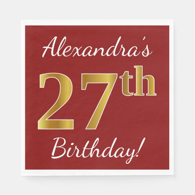 Red, Faux Gold 27th Birthday + Custom Name Napkin (Front)