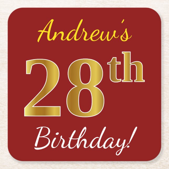 Red, Faux Gold 28th Birthday + Custom Name Square Paper Coaster (Front)