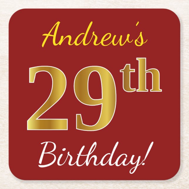 Red, Faux Gold 29th Birthday + Custom Name Square Paper Coaster (Front)