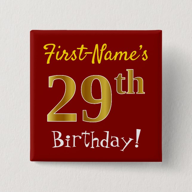 Red, Faux Gold 29th Birthday, With Custom Name 15 Cm Square Badge (Front)