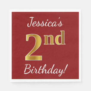 Red, Faux Gold 2nd Birthday + Custom Name Napkin