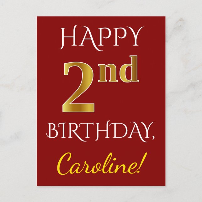 Red, Faux Gold 2nd Birthday + Custom Name Postcard (Front)