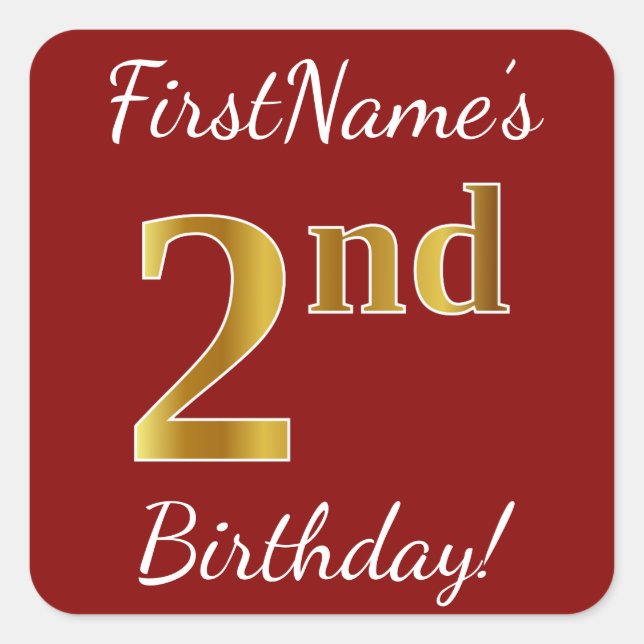 Red, Faux Gold 2nd Birthday + Custom Name Sticker (Front)