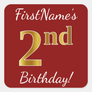 Red, Faux Gold 2nd Birthday + Custom Name Sticker