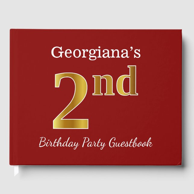 Red, Faux Gold 2nd Birthday Party + Custom Name Guest Book (Front)