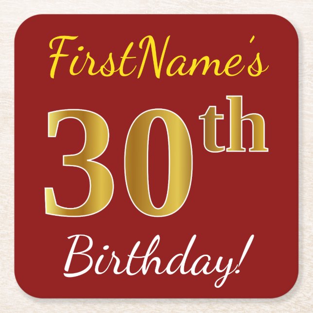 Red, Faux Gold 30th Birthday + Custom Name Square Paper Coaster (Front)