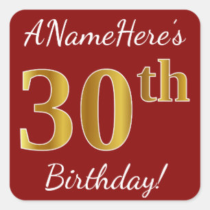 Red, Faux Gold 30th Birthday + Custom Name Sticker