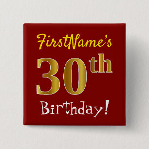 Red, Faux Gold 30th Birthday, With Custom Name 15 Cm Square Badge