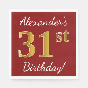 Red, Faux Gold 31st Birthday + Custom Name Napkin
