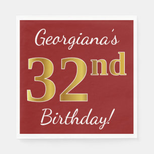 Red, Faux Gold 32nd Birthday + Custom Name Napkin