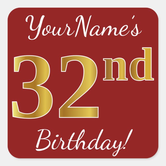 Red, Faux Gold 32nd Birthday + Custom Name Sticker (Front)