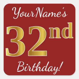 Red, Faux Gold 32nd Birthday + Custom Name Sticker