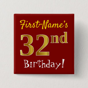 Red, Faux Gold 32nd Birthday, With Custom Name 15 Cm Square Badge