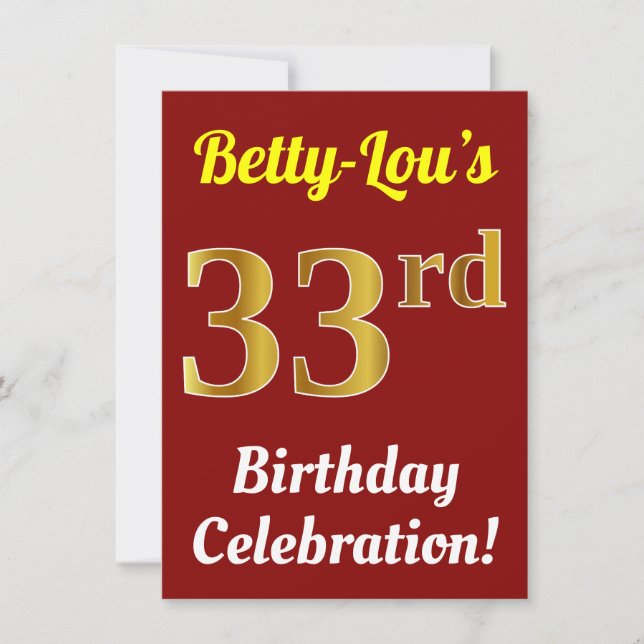 Red, Faux Gold 33rd Birthday Celebration + Name Invitation (Front)