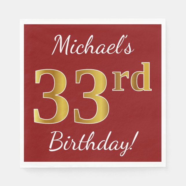 Red, Faux Gold 33rd Birthday + Custom Name Napkin (Front)