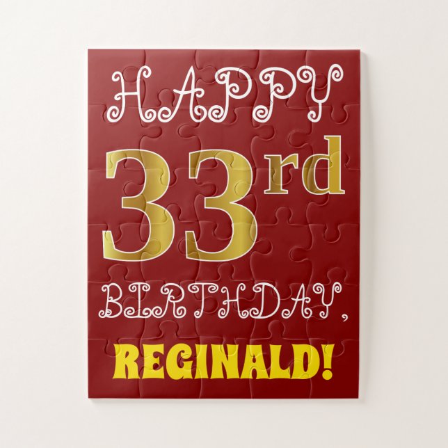 Red, Faux Gold 33rd Birthday + Custom Name Puzzle (Vertical)