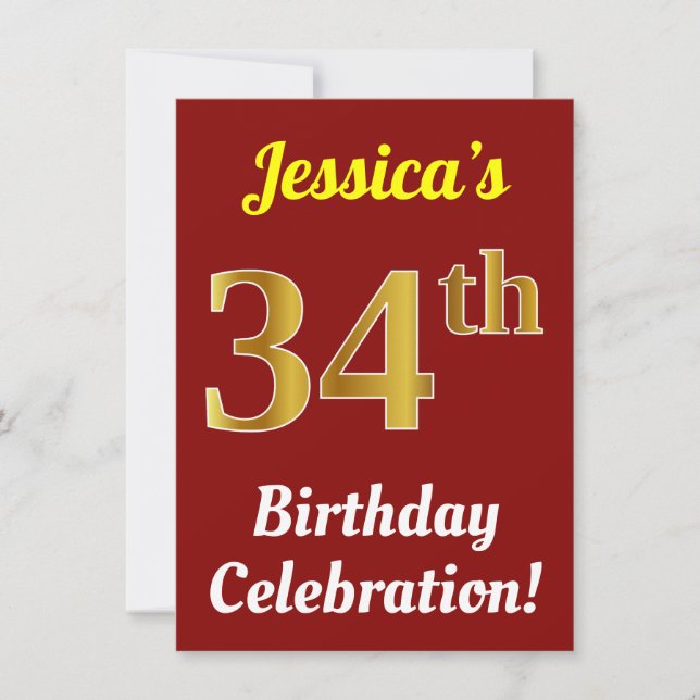 Red, Faux Gold 34th Birthday Celebration + Name Invitation (Front)
