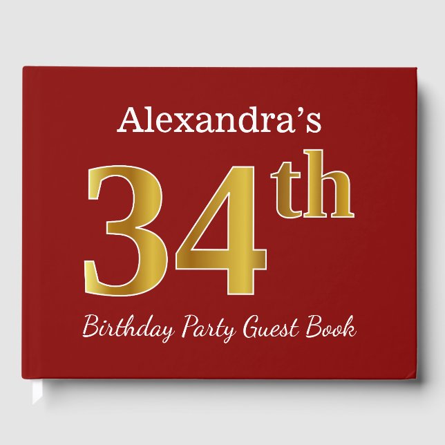 Red, Faux Gold 34th Birthday Party + Custom Name Guest Book (Front)