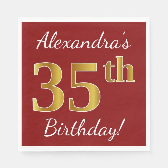 Red, Faux Gold 35th Birthday + Custom Name Napkin (Front)