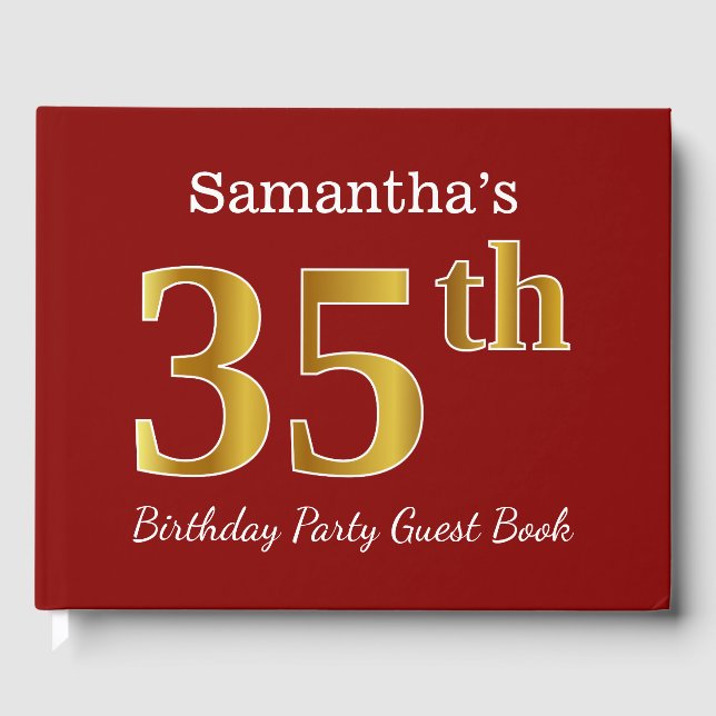 Red, Faux Gold 35th Birthday Party + Custom Name Guest Book (Front)