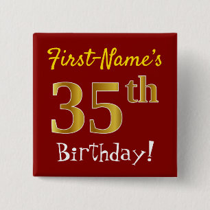 Red, Faux Gold 35th Birthday, With Custom Name 15 Cm Square Badge