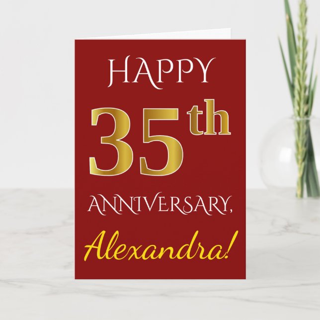Red, Faux Gold 35th Wedding Anniversary + Name Card (Front)