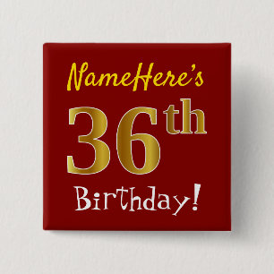 Red, Faux Gold 36th Birthday, With Custom Name 15 Cm Square Badge