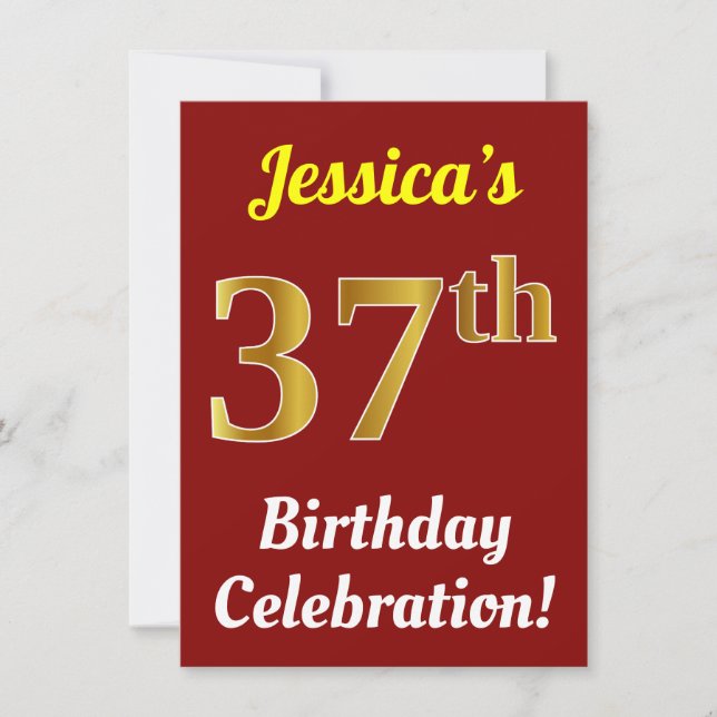 Red, Faux Gold 37th Birthday Celebration + Name Invitation (Front)
