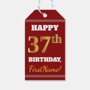 Red, Faux Gold 37th Birthday + Custom Name Gift Tags