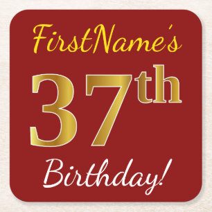 Red, Faux Gold 37th Birthday + Custom Name Square Paper Coaster
