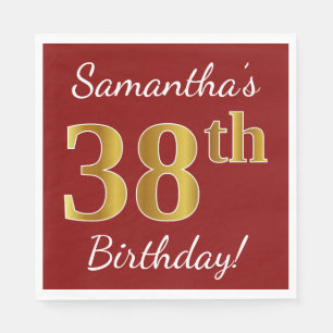 Red, Faux Gold 38th Birthday + Custom Name Napkin