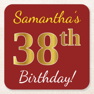 Red, Faux Gold 38th Birthday + Custom Name Square Paper Coaster