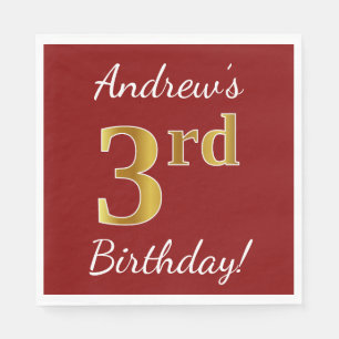 Red, Faux Gold 3rd Birthday + Custom Name Napkin
