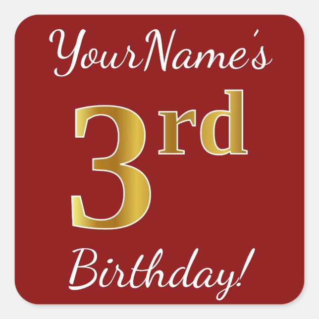 Red, Faux Gold 3rd Birthday + Custom Name Sticker (Front)