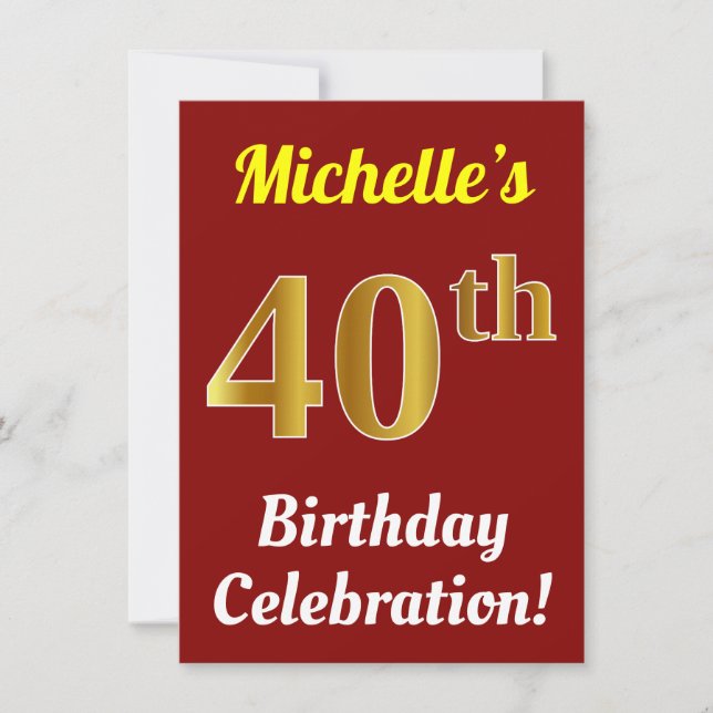 Red, Faux Gold 40th Birthday Celebration + Name Invitation (Front)