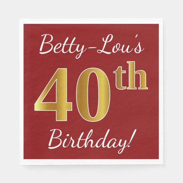 Red, Faux Gold 40th Birthday + Custom Name Napkin (Front)