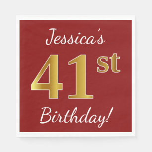 Red, Faux Gold 41st Birthday + Custom Name Napkin