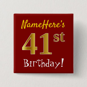 Red, Faux Gold 41st Birthday, With Custom Name 15 Cm Square Badge