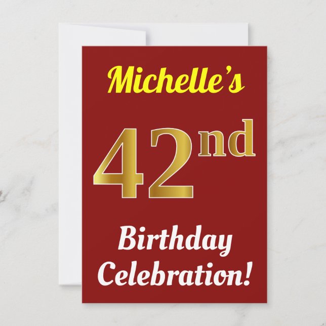 Red, Faux Gold 42nd Birthday Celebration + Name Invitation (Front)