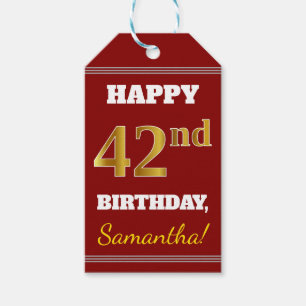 Red, Faux Gold 42nd Birthday + Custom Name Gift Tags